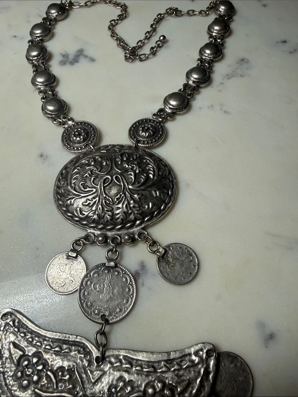 Antique-Style Silver Floral Coin Pendant Necklace - Women Jewelry